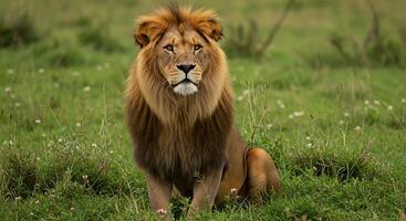 Majestic African Lion Serene Portrait in Lush Grassland photo
