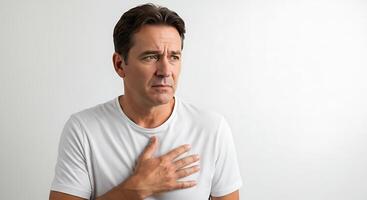 A man is holding his chest and looking at the camera photo