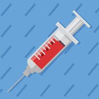 Medical Syringe Filled with Red Liquid on Blue Background with Diagonal Lines vector