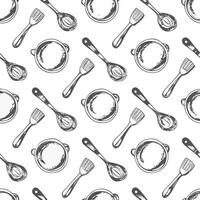 A Seamless Pattern of Hand Drawn Kitchen Utensils and Pots for Cooking and Baking vector