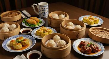 A table with a lot of food on it photo