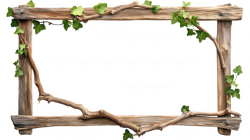 Rustic wooden picture frame adorned with ivy vines, perfect for showcasing cherished memories. natural elements create warm and inviting atmosphere png
