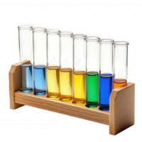Test tubes in wooden rack filled with colorful liquids represent science and experimentation. vibrant colors evoke curiosity and creativity in laboratory setting png