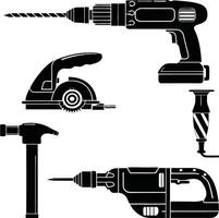 Collection of Black and White Power Tools Including Drill Hammer and Circular Saw vector