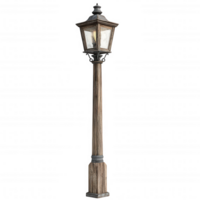 Rustic wooden lamp post with charming lantern design, perfect for outdoor settings. This elegant piece adds warmth and character to any garden or pathway png