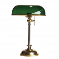 Classic bankers lamp with green glass shade and brass stand, perfect for adding touch of elegance to any workspace or study. Its vintage design enhances ambiance of any room png