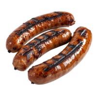 Grilled sausage links are charred and juicy, showcasing perfect grill marks that enhance their appetizing appearance. These savory sausages are ideal for barbecues and gatherings png