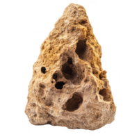 natural, textured rock formation with rough surface and multiple holes, showcasing earthy tones and unique shape. This rock can be used in various landscaping or decorative projects png