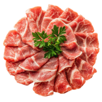 Thinly sliced lamb arranged in circular pattern, showcasing rich marbling and vibrant color, garnished with fresh parsley for appealing presentation png