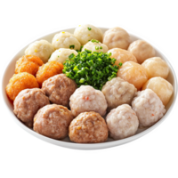 Assorted meatballs including fish balls, pork balls, and various flavors are beautifully arranged on white plate, garnished with fresh green onions, creating appetizing display png