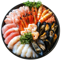 Fresh seafood platter featuring shrimp, squid, mussels, and various fish, beautifully arranged for delightful dining experience. vibrant colors and textures evoke sense of culinary joy png