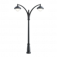 Double headed street lamp with two curved arms and glass globes, ideal for illuminating pathways and enhancing outdoor spaces png