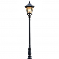 Classic black street light pole with vintage design, illuminating surroundings with warm glow. Perfect for enhancing outdoor spaces and adding charm png
