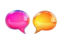 Two vibrant speech bubbles, one pink and one orange, connected for conversation, symbolizing communication and dialogue. glossy finish adds modern touch to design png