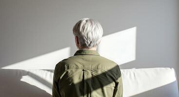 A woman sitting on a couch with her back to the sun photo