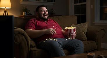 Joyful Man Enjoys Movie Night with Popcorn A Warm Evening Scene photo