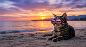 Cool Cat in Sunglasses at Sunset Beach Serene Coastal Scene photo