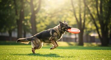 German Shepherd Dog in Motion A Vibrant Sunny Park Scene photo