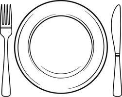Simple Line Drawing of a Plate Fork and Knife Table Setting for a Meal vector