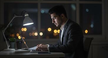 Focused Man Working Late Nighttime Laptop Use Serene Ambiance photo