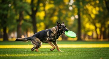 German Shepherd Dog in Playful Motion A Vibrant Park Scene photo