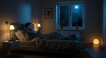 Nighttime Serenity Man Relaxing in Bed Under Moonlight photo