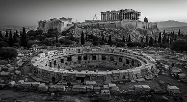 The acropolis and the parthenon in black and white photo