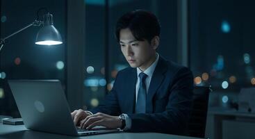 Focused Businessman Working Late Night Office Laptop Scene photo