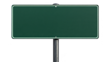 blank green rectangular street sign with metal pole stands against transparency background, ready for customization png