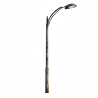 weathered streetlight pole leans slightly, adding character to urban landscape. Its rustic charm contrasts with modern surroundings, evoking sense of nostalgia png