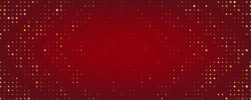 Trendy abstract background with golden circles and particles on red. Holiday gradient template. Modern halftone design. vector