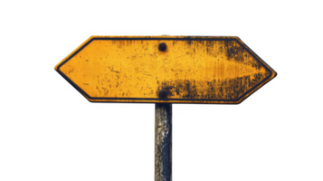 weathered, arrow shaped road sign stands boldly, pointing directionally against empty background, suggesting guidance and navigation png