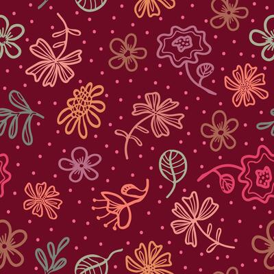 Seamless orange, pink, green, violet, blue lines flowers and dots on neutral dark red background. Floral pattern with hand-drawn doodle wildflowers. Ideal for cozy, simple childish moods on digital