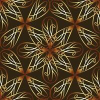 Seamless Art Nouveau inspired pattern features intricate abstract golden floral ornament on a dark brown background. Perfect for luxury textiles, wallpapers, branding, and digital projects. vector