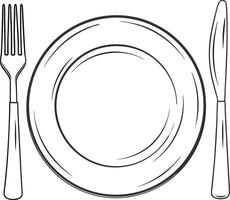 Simple Line Drawing of a Plate Fork and Knife Table Setting for a Restaurant Menu or Dinner Invitation vector