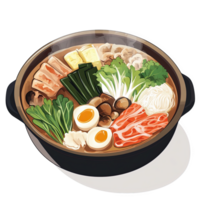 steaming pot of shabu broth filled with fresh vegetables, sliced meats, and flavorful ingredients creates delightful culinary experience. vibrant colors and textures invite you to enjoy warm meal png