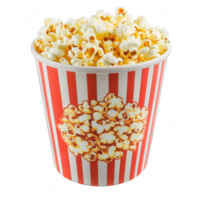 Cinematic popcorn tub with red and white stripes, filled with fluffy popcorn, evokes sense of nostalgia and excitement for movie nights. Perfect for sharing and enjoying png
