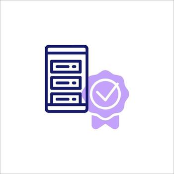 un púrpura icono de un computadora con un reloj y un cheque marca vector