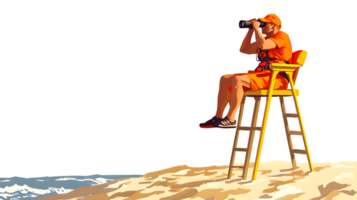 Lifeguard on Duty Watching Over the Beach with Binoculars from a Tower png