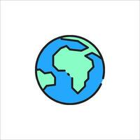 The earth is in a flat line style, with a blue and green outline vector