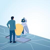 A man holding a big idea bulb along with a robot on top of a phone. A metaphorical illustration for the integration of artificial intelligence, unification and the digital future. vector