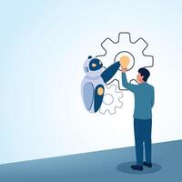 A man holding an idea bulb along with a robot. A metaphorical illustration for the integration of artificial intelligence, unification and the digital future. vector