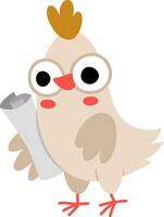 hen engineer with blueprint. Construction site worker illustration for kids. Funny builder chicken character with plan. Cute bird repairmen icon isolated on white background vector