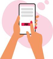 Female hand holding phone with payment process on screen. Person paying for service or taxes via mobile application flat illustration. Technology, finances concept for banner, website design vector