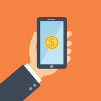 Gold coin and donate button on smartphone screen. Hand holds smartphone vector