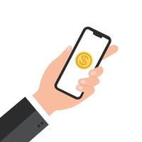Gold coin and donate button on smartphone screen. Hand holds smartphone, finger touches screen. Donate online concept. . vector