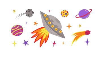 Set of bright space cartoon objects. UFO, Saturn, spaceship, comet, planets, stars, space, asteroid, bolide. Comic illustrations isolated on white. Concepts for children's print. vector