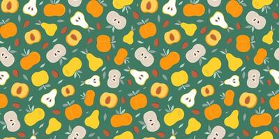 Apple, pear, peach, apricot. Seamless pattern of simple abstract fruits. Vitamin natural food, slices and whole fruits. Color repeating background. vector