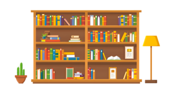 Organized Bookshelf with Books Decorative Items and a Reading Lamp for Cozy Study or Home Off png