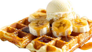 Waffles with banana slices ice cream and caramel topping for dessert menu png